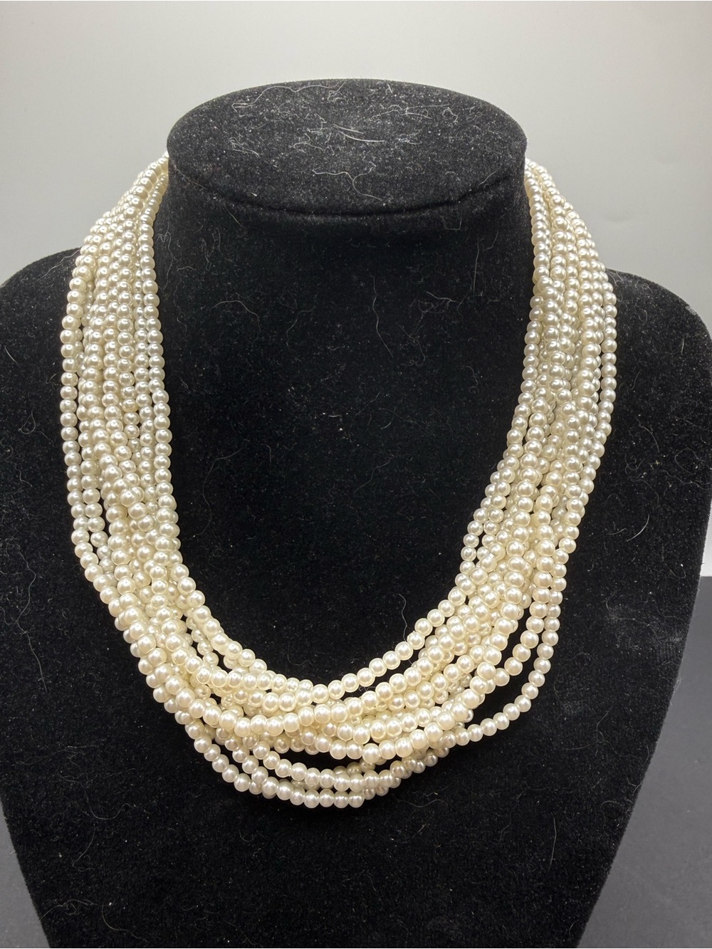 Multi-Strand Faux Pearl Necklace Gold Tone Floral Clasp 16” Statement